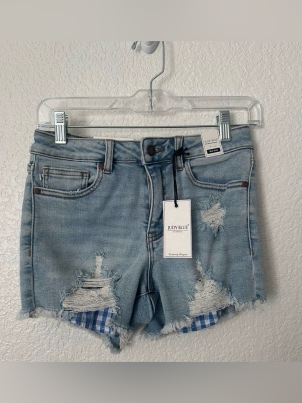 Judy Blue Blue Plaid Patch Distressed Denim Shorts Size Small NWT